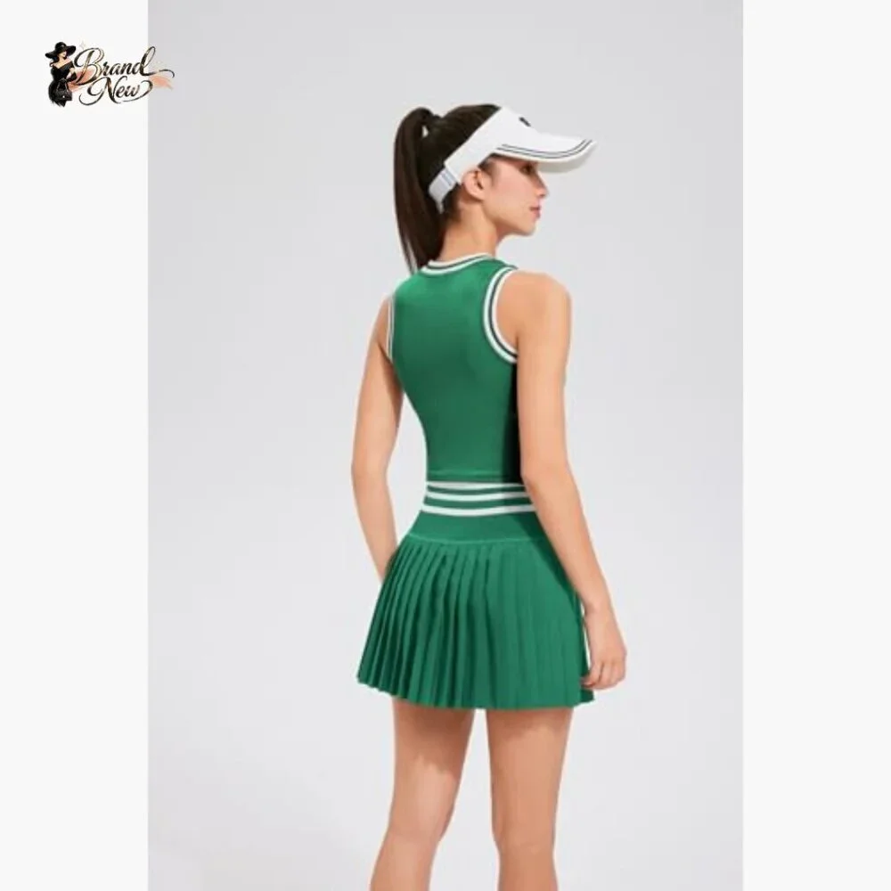 High Waisted Pleated Tennis Skirt Set with Built-in Bra and Pockets